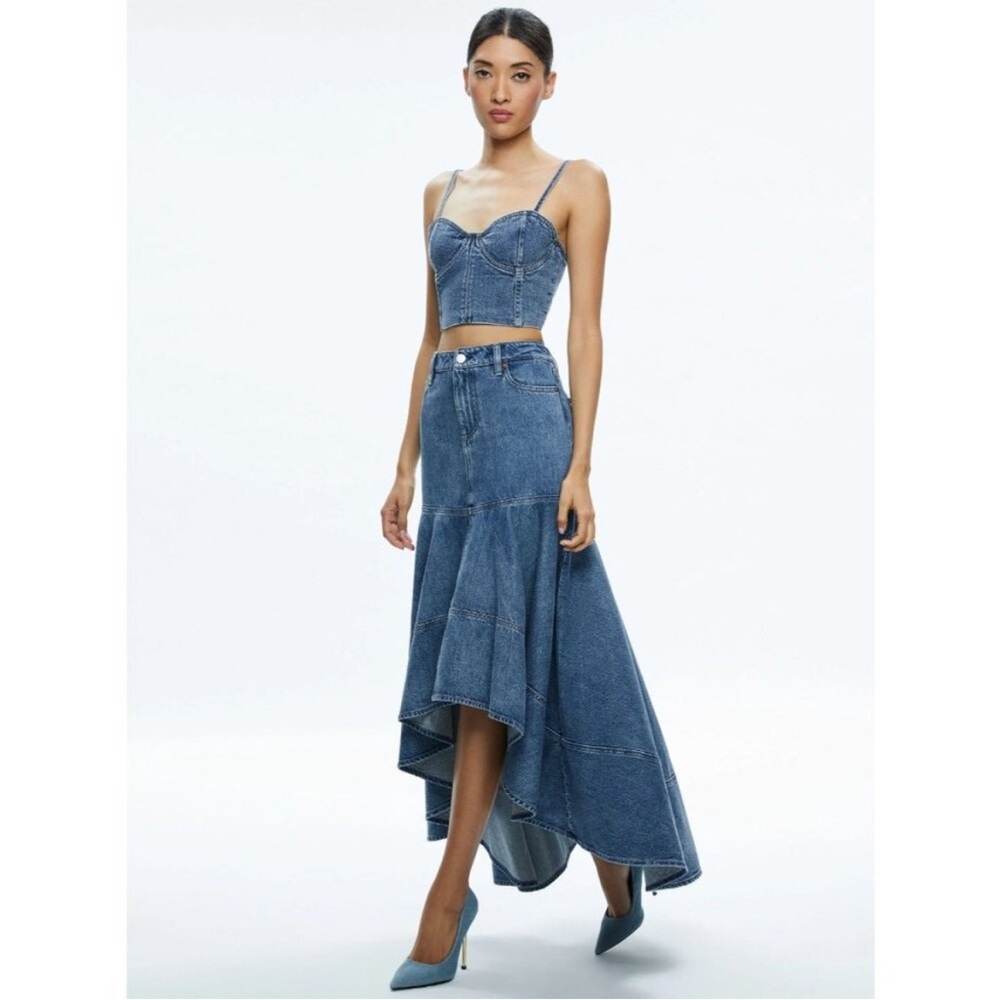 Alice + Olivia Jeans Donella High Low Denim Skirt Brooklyn Blue Size 25 - Picture 2 of 14